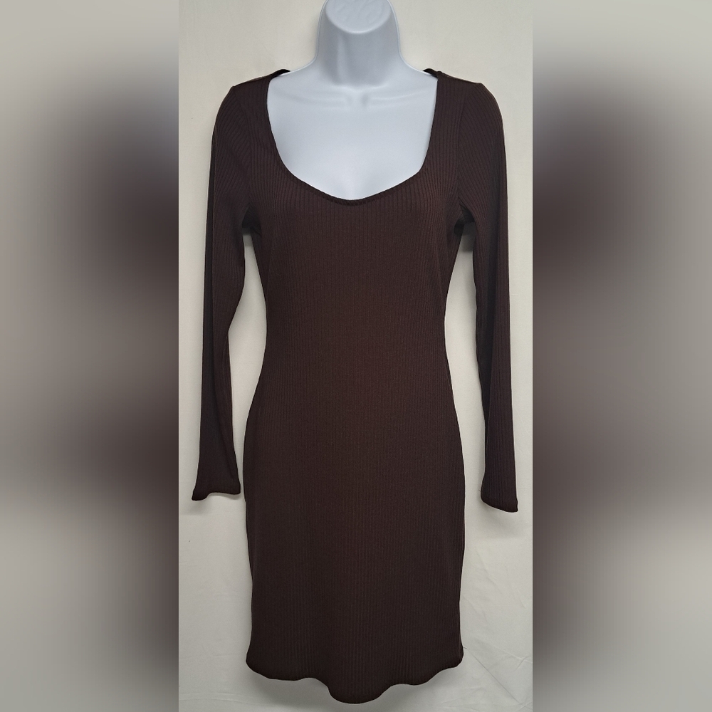 Bar lll M Brown Ribbbed Dress Sheath Form Fitted Bodycon Long Sleeve Stretch